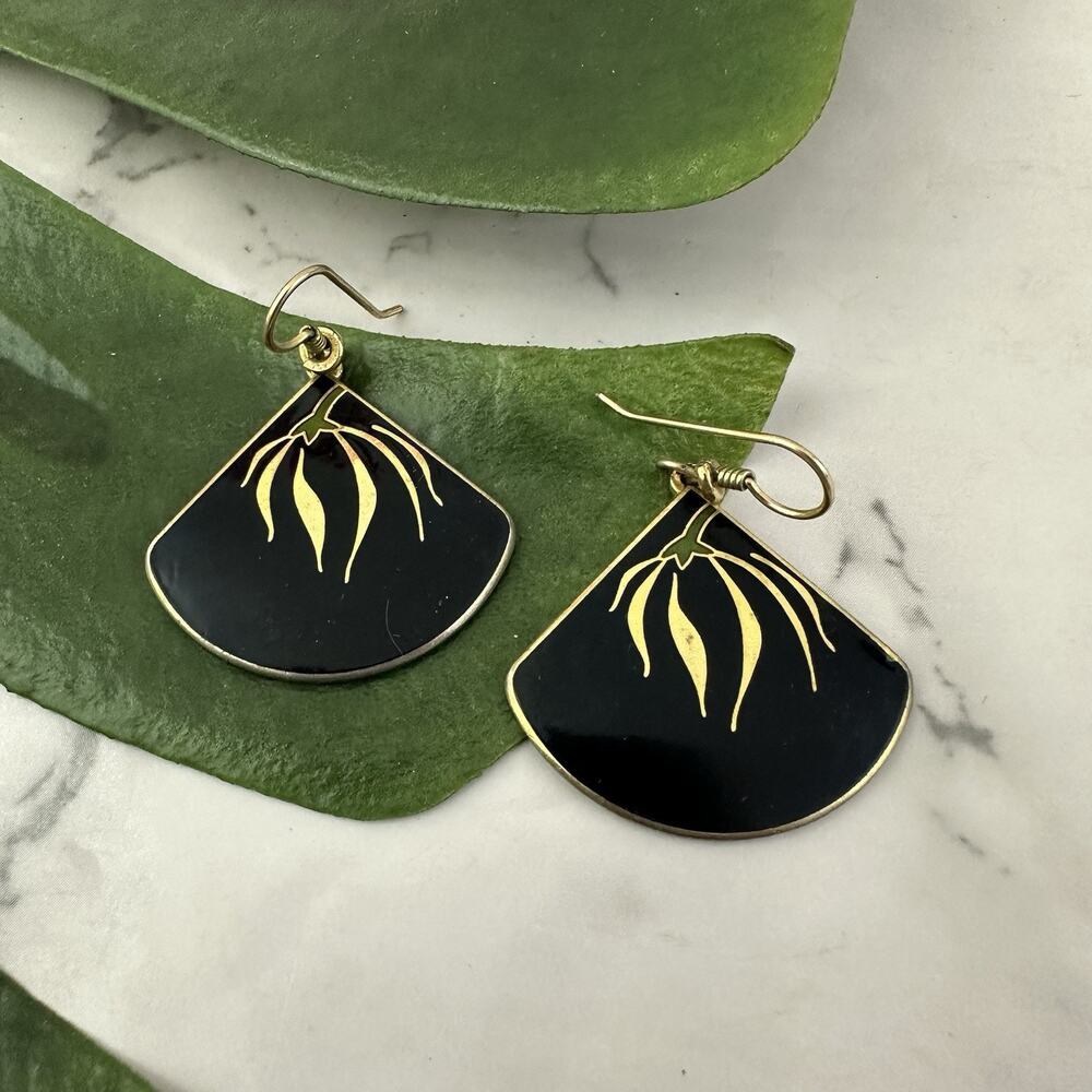 Laurel Burch Vintage 90s Willow Fan Dangle Earrings Gold Black Floral Cloisonne